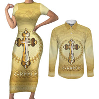 Greece Orthodox Cross Couples Matching Short Sleeve Bodycon Dress and Long Sleeve Button Shirt Ancient Greek Key Gold Heritage