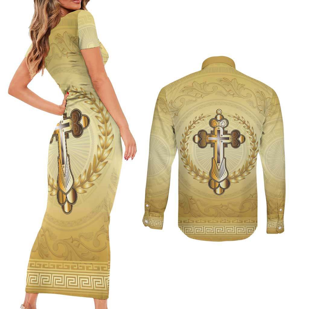 Greece Orthodox Cross Couples Matching Short Sleeve Bodycon Dress and Long Sleeve Button Shirt Ancient Greek Key Gold Heritage