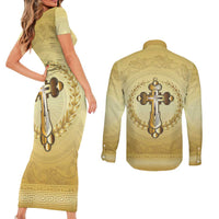 Greece Orthodox Cross Couples Matching Short Sleeve Bodycon Dress and Long Sleeve Button Shirt Ancient Greek Key Gold Heritage