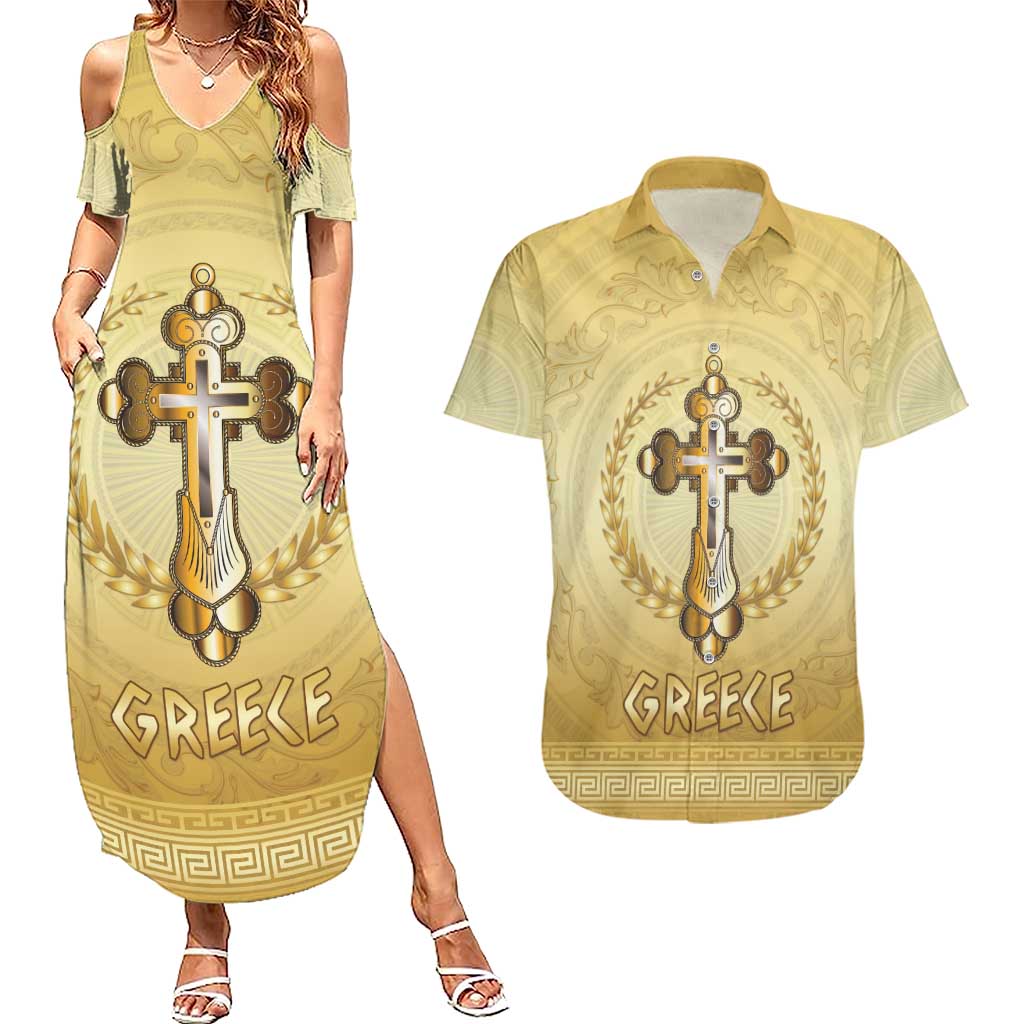 Greece Orthodox Cross Couples Matching Summer Maxi Dress and Hawaiian Shirt Ancient Greek Key Gold Heritage