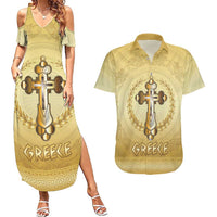 Greece Orthodox Cross Couples Matching Summer Maxi Dress and Hawaiian Shirt Ancient Greek Key Gold Heritage