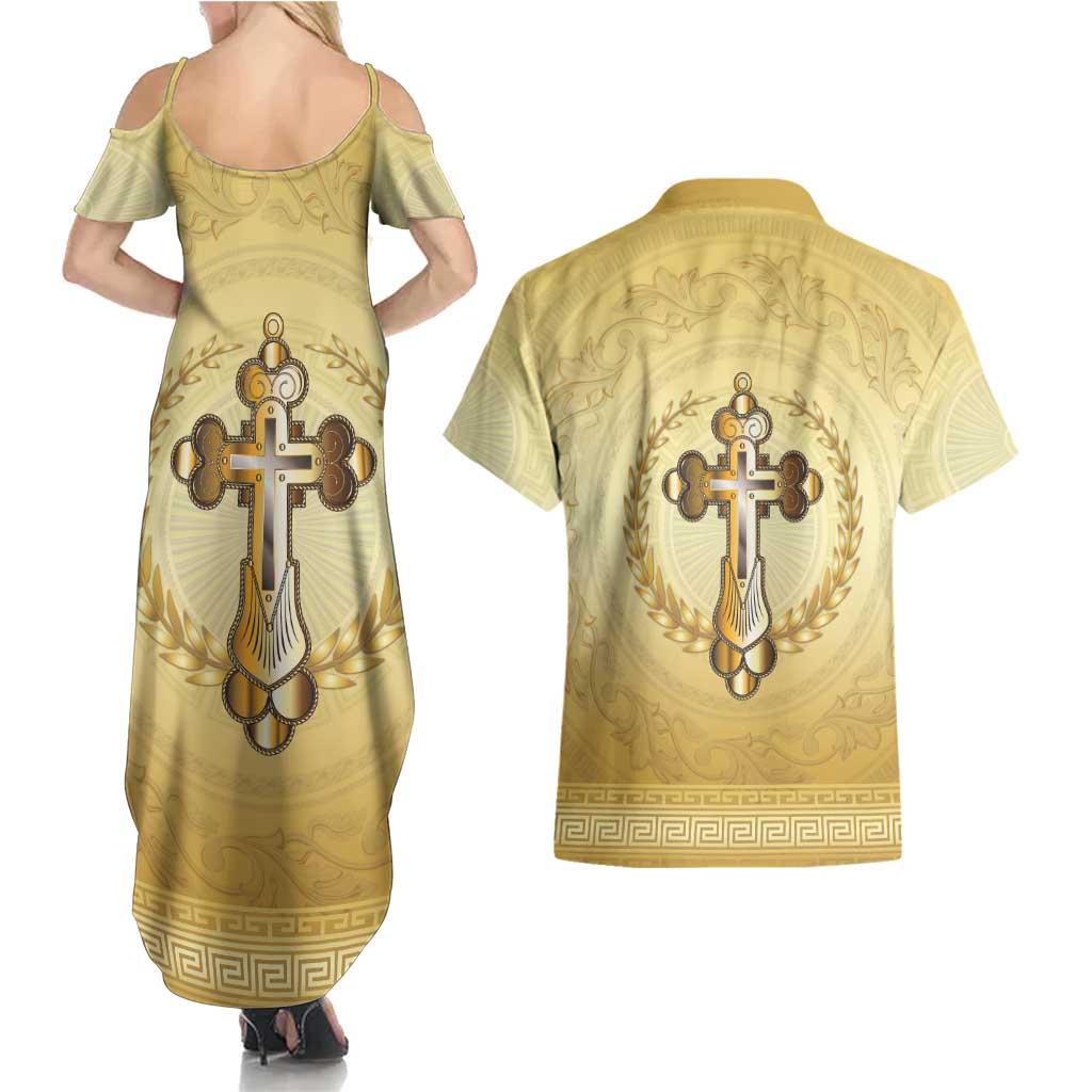 Greece Orthodox Cross Couples Matching Summer Maxi Dress and Hawaiian Shirt Ancient Greek Key Gold Heritage