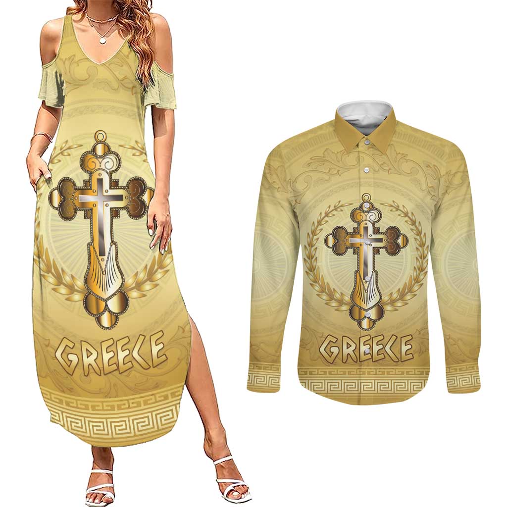 Greece Orthodox Cross Couples Matching Summer Maxi Dress and Long Sleeve Button Shirt Ancient Greek Key Gold Heritage