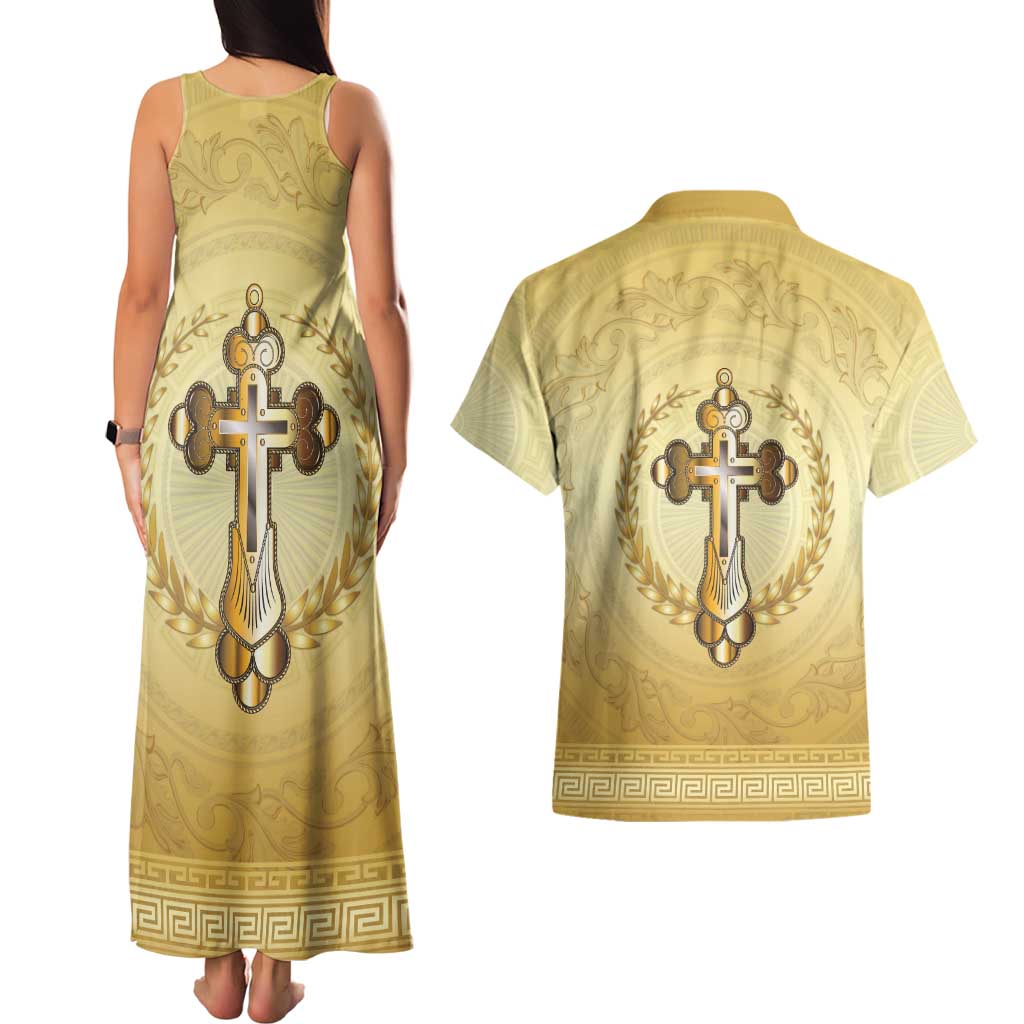 Greece Orthodox Cross Couples Matching Tank Maxi Dress and Hawaiian Shirt Ancient Greek Key Gold Heritage