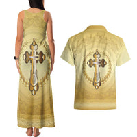 Greece Orthodox Cross Couples Matching Tank Maxi Dress and Hawaiian Shirt Ancient Greek Key Gold Heritage