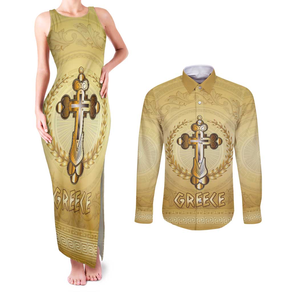 Greece Orthodox Cross Couples Matching Tank Maxi Dress and Long Sleeve Button Shirt Ancient Greek Key Gold Heritage