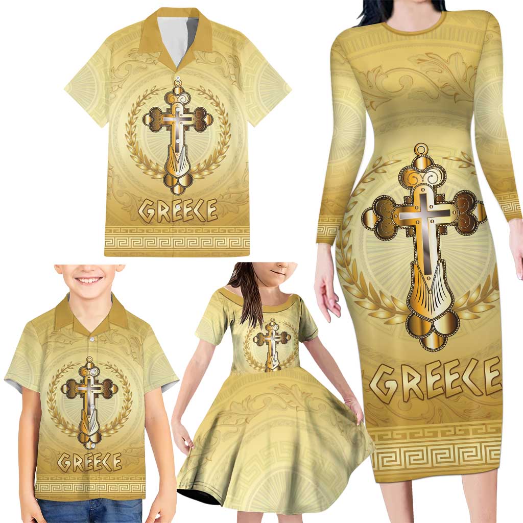 Greece Orthodox Cross Family Matching Long Sleeve Bodycon Dress and Hawaiian Shirt Ancient Greek Key Gold Heritage