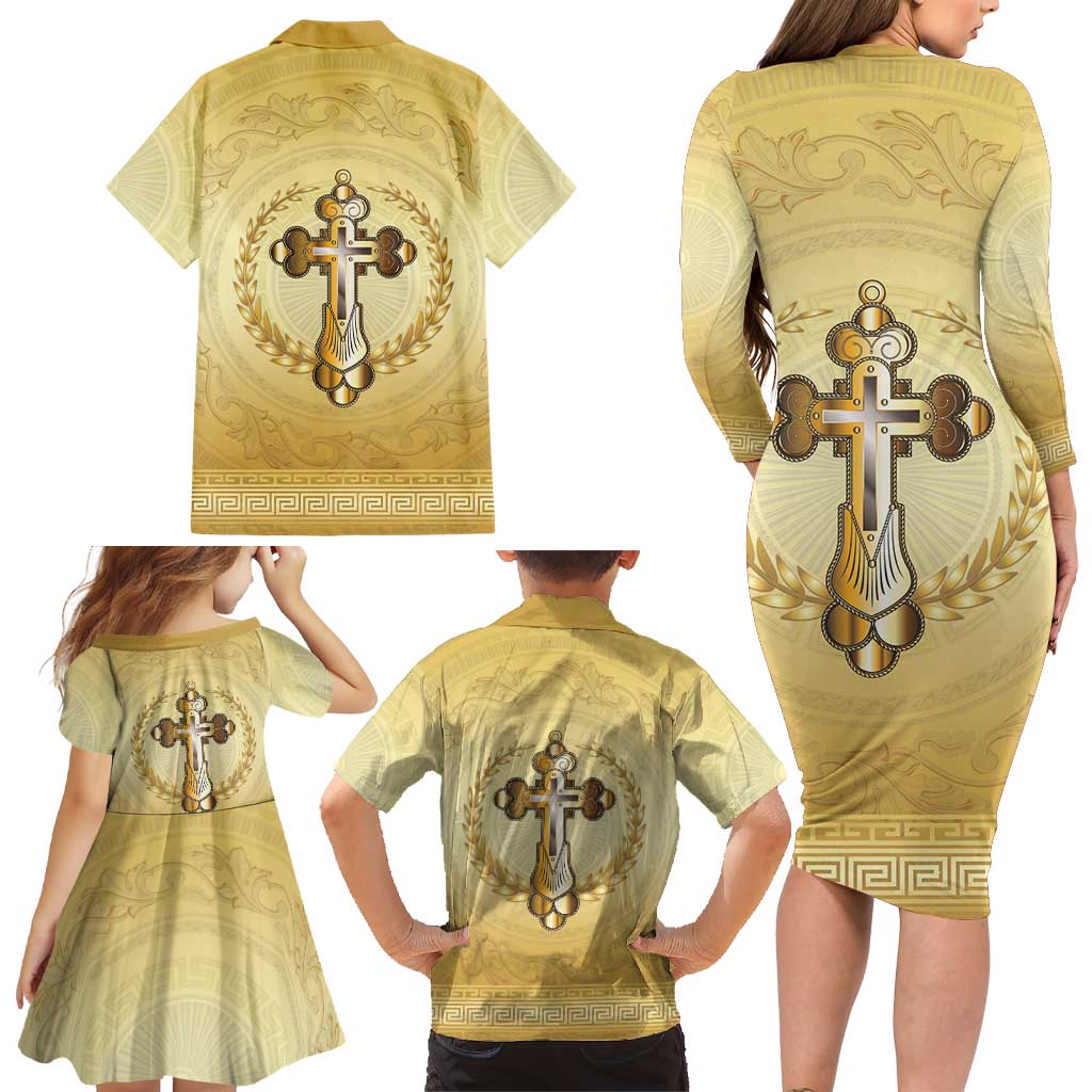Greece Orthodox Cross Family Matching Long Sleeve Bodycon Dress and Hawaiian Shirt Ancient Greek Key Gold Heritage