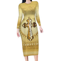 Greece Orthodox Cross Family Matching Long Sleeve Bodycon Dress and Hawaiian Shirt Ancient Greek Key Gold Heritage