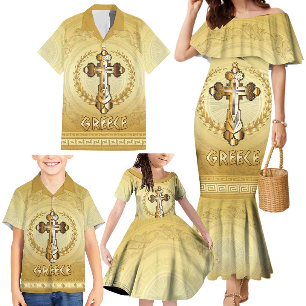 Greece Orthodox Cross Family Matching Mermaid Dress and Hawaiian Shirt Ancient Greek Key Gold Heritage