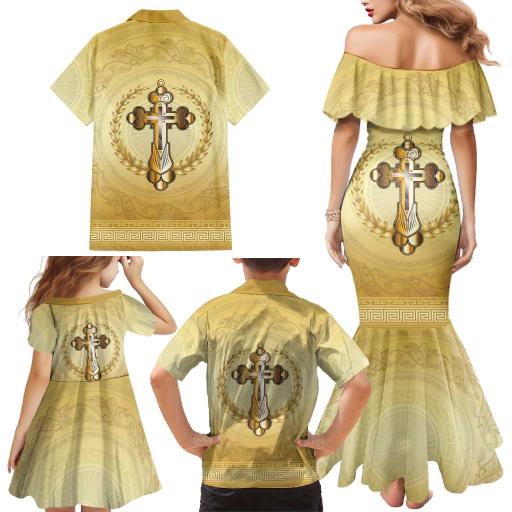 Greece Orthodox Cross Family Matching Mermaid Dress and Hawaiian Shirt Ancient Greek Key Gold Heritage