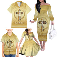 Greece Orthodox Cross Family Matching Off The Shoulder Long Sleeve Dress and Hawaiian Shirt Ancient Greek Key Gold Heritage