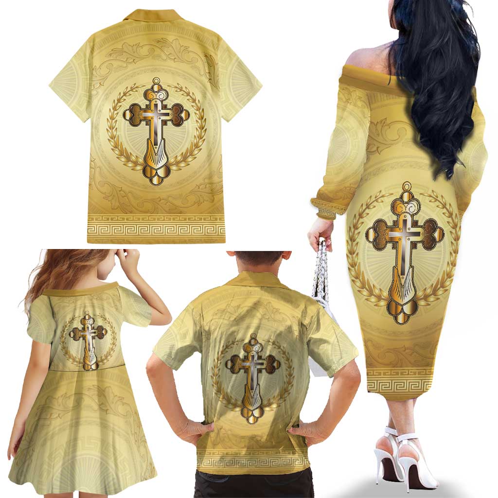 Greece Orthodox Cross Family Matching Off The Shoulder Long Sleeve Dress and Hawaiian Shirt Ancient Greek Key Gold Heritage