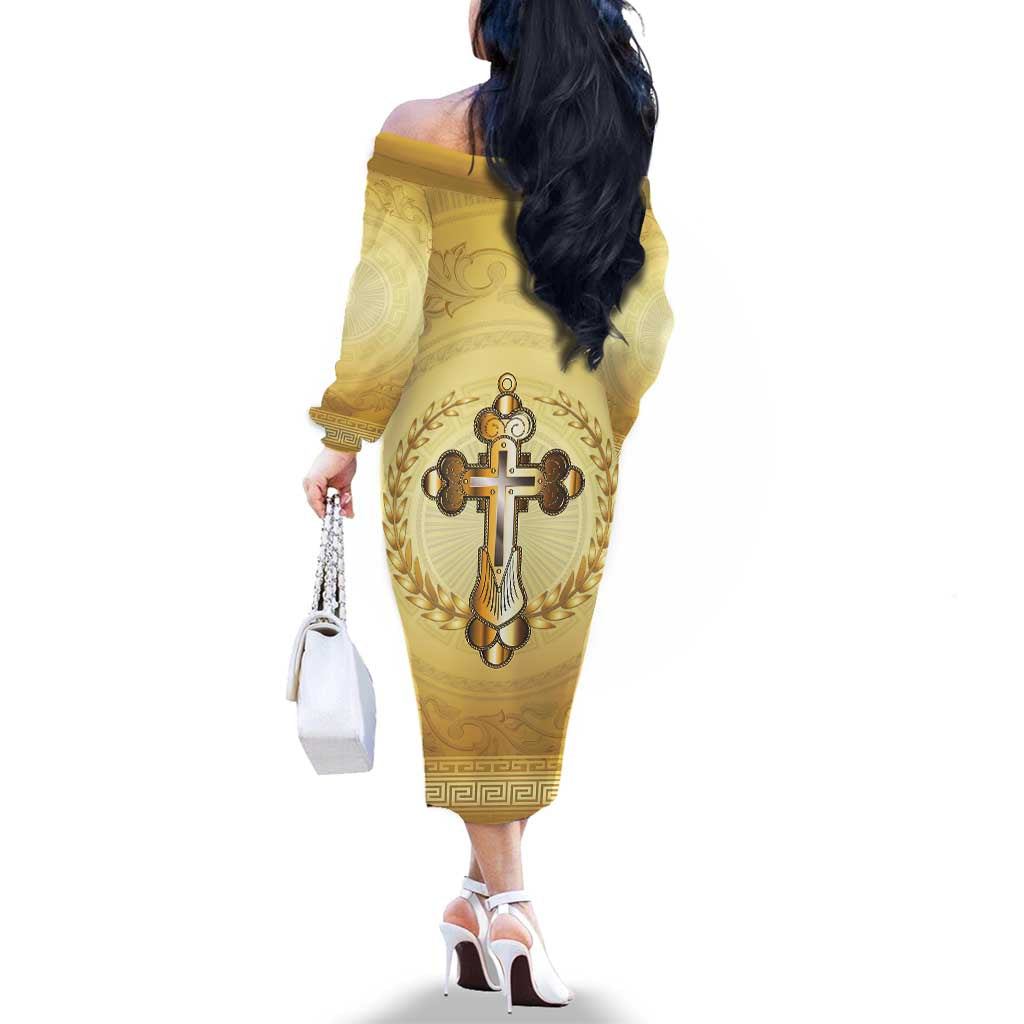 Greece Orthodox Cross Family Matching Off The Shoulder Long Sleeve Dress and Hawaiian Shirt Ancient Greek Key Gold Heritage