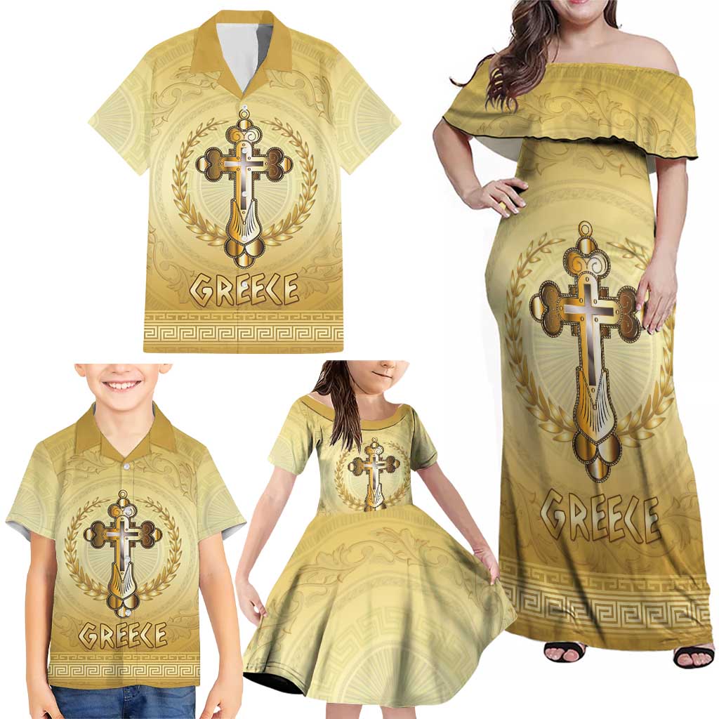 Greece Orthodox Cross Family Matching Off Shoulder Maxi Dress and Hawaiian Shirt Ancient Greek Key Gold Heritage