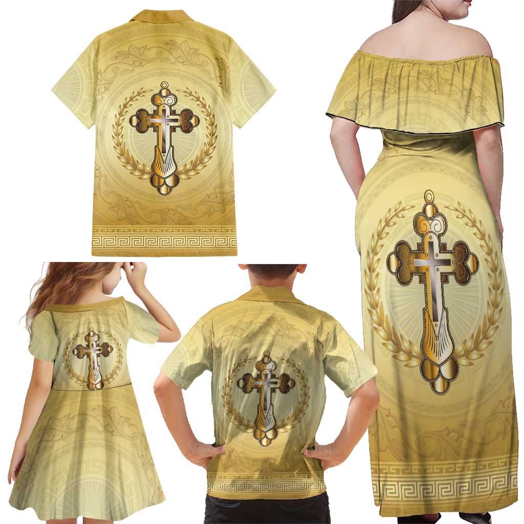 Greece Orthodox Cross Family Matching Off Shoulder Maxi Dress and Hawaiian Shirt Ancient Greek Key Gold Heritage