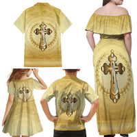 Greece Orthodox Cross Family Matching Off Shoulder Maxi Dress and Hawaiian Shirt Ancient Greek Key Gold Heritage