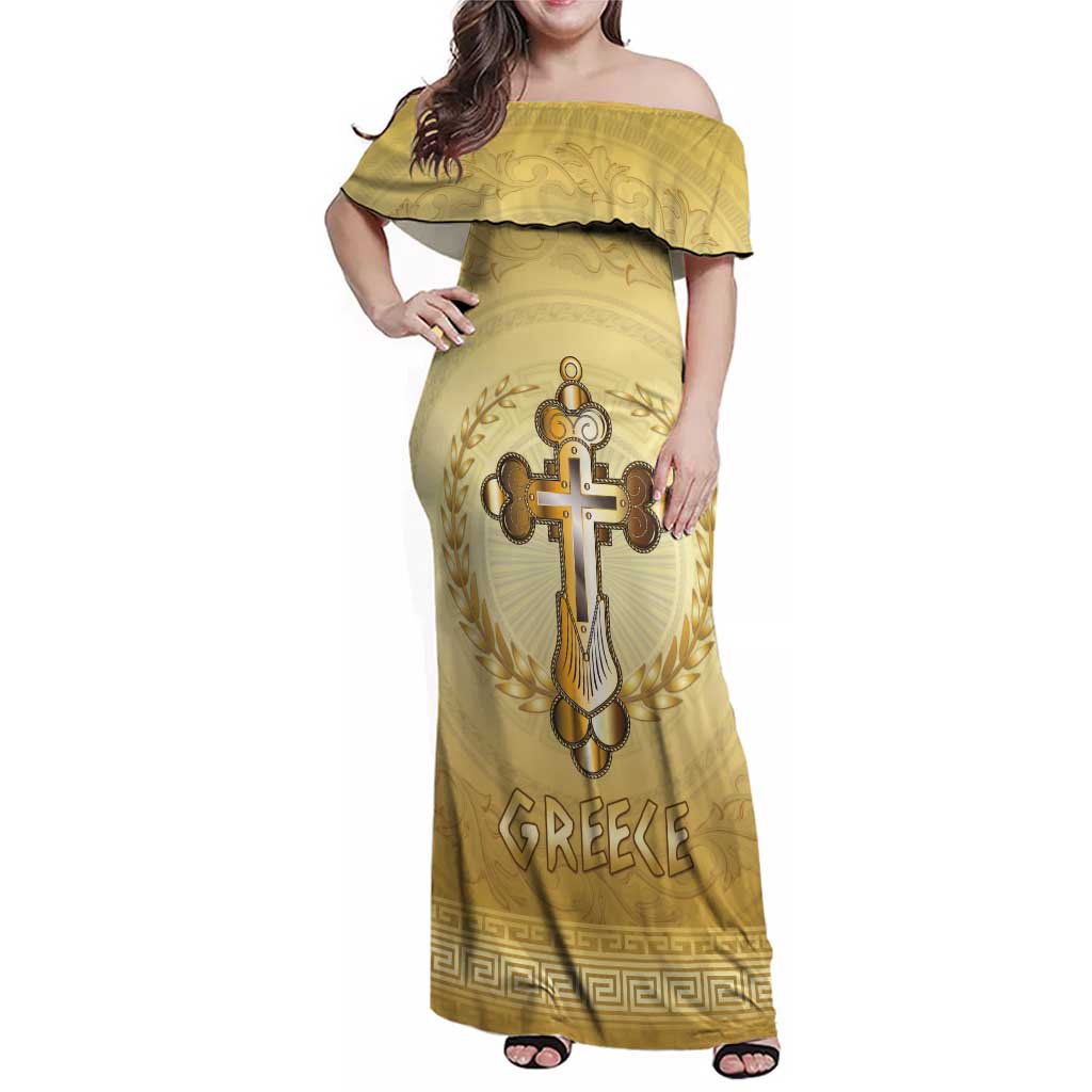 Greece Orthodox Cross Family Matching Off Shoulder Maxi Dress and Hawaiian Shirt Ancient Greek Key Gold Heritage
