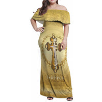 Greece Orthodox Cross Family Matching Off Shoulder Maxi Dress and Hawaiian Shirt Ancient Greek Key Gold Heritage