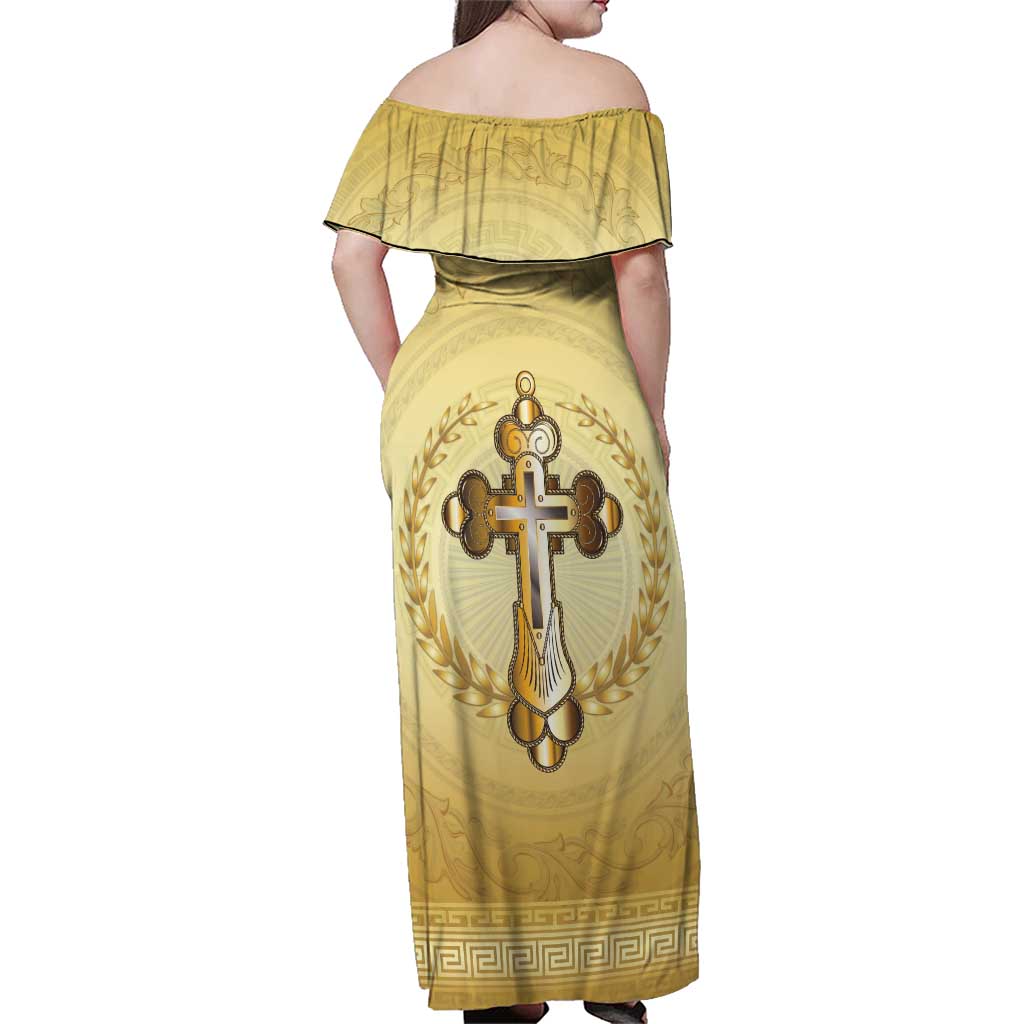 Greece Orthodox Cross Family Matching Off Shoulder Maxi Dress and Hawaiian Shirt Ancient Greek Key Gold Heritage