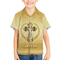 Greece Orthodox Cross Family Matching Off Shoulder Maxi Dress and Hawaiian Shirt Ancient Greek Key Gold Heritage