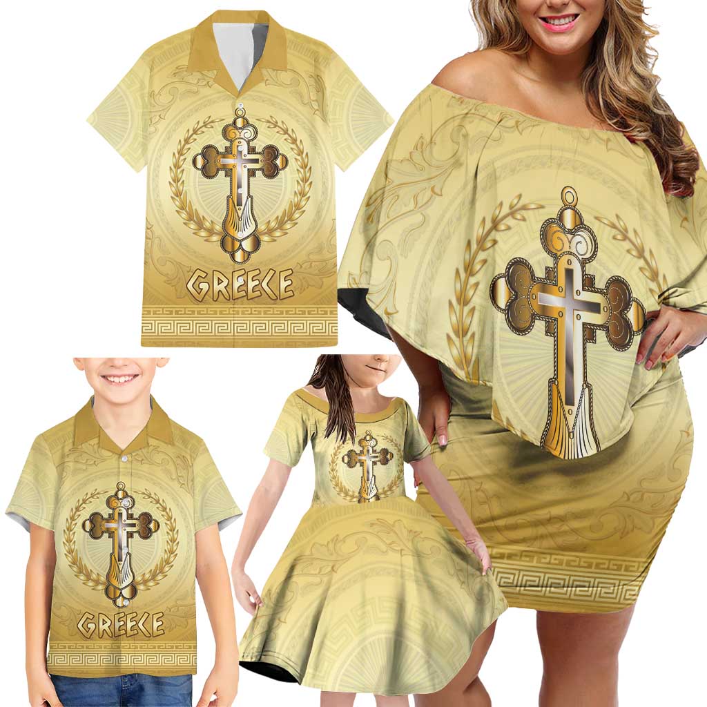 Greece Orthodox Cross Family Matching Off Shoulder Short Dress and Hawaiian Shirt Ancient Greek Key Gold Heritage