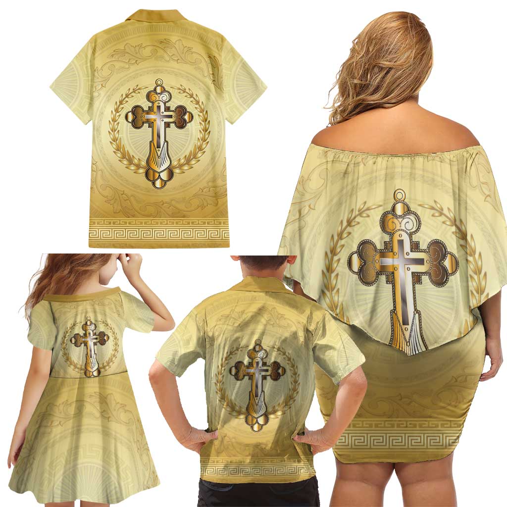 Greece Orthodox Cross Family Matching Off Shoulder Short Dress and Hawaiian Shirt Ancient Greek Key Gold Heritage