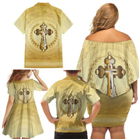 Greece Orthodox Cross Family Matching Off Shoulder Short Dress and Hawaiian Shirt Ancient Greek Key Gold Heritage