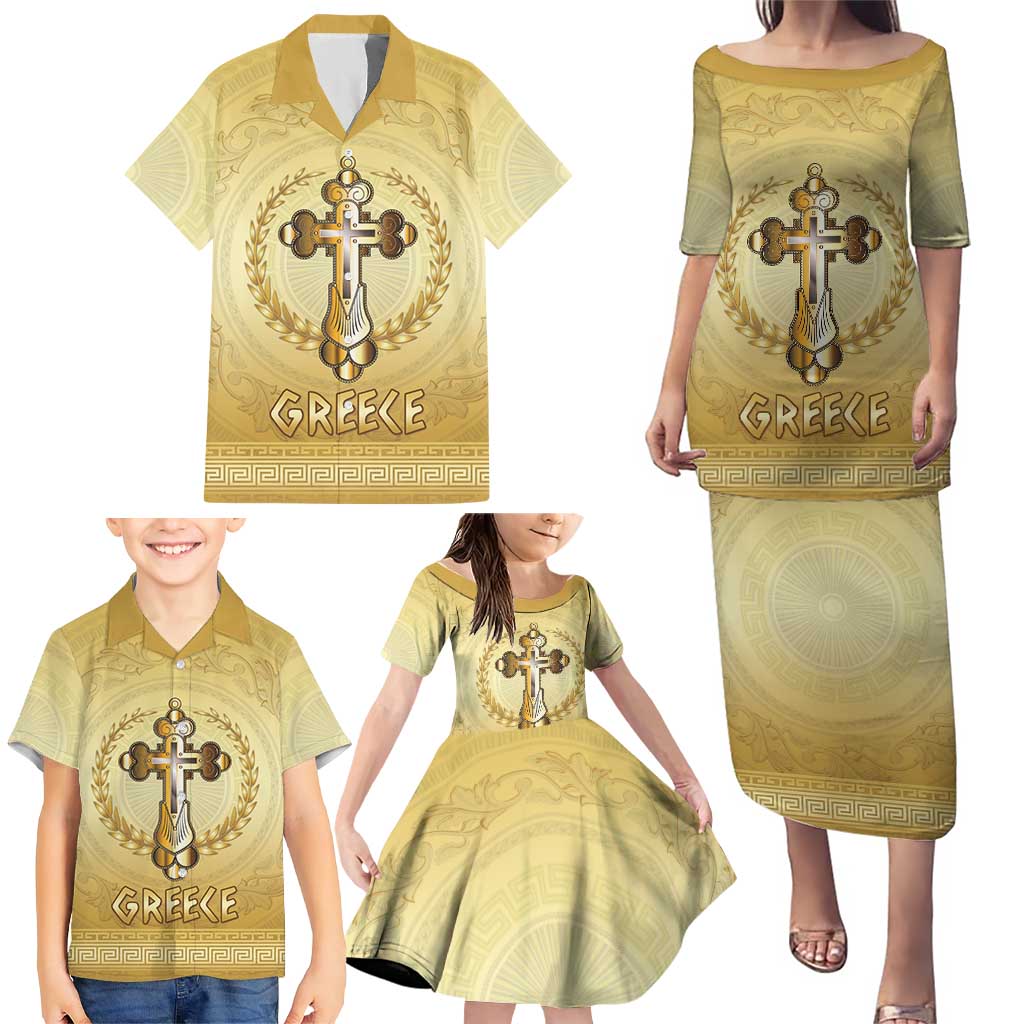 Greece Orthodox Cross Family Matching Puletasi and Hawaiian Shirt Ancient Greek Key Gold Heritage