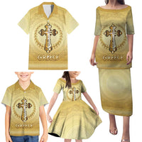 Greece Orthodox Cross Family Matching Puletasi and Hawaiian Shirt Ancient Greek Key Gold Heritage
