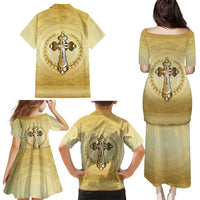 Greece Orthodox Cross Family Matching Puletasi and Hawaiian Shirt Ancient Greek Key Gold Heritage