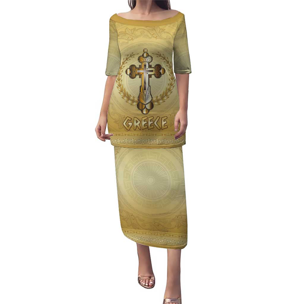 Greece Orthodox Cross Family Matching Puletasi and Hawaiian Shirt Ancient Greek Key Gold Heritage