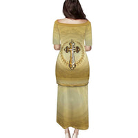 Greece Orthodox Cross Family Matching Puletasi and Hawaiian Shirt Ancient Greek Key Gold Heritage