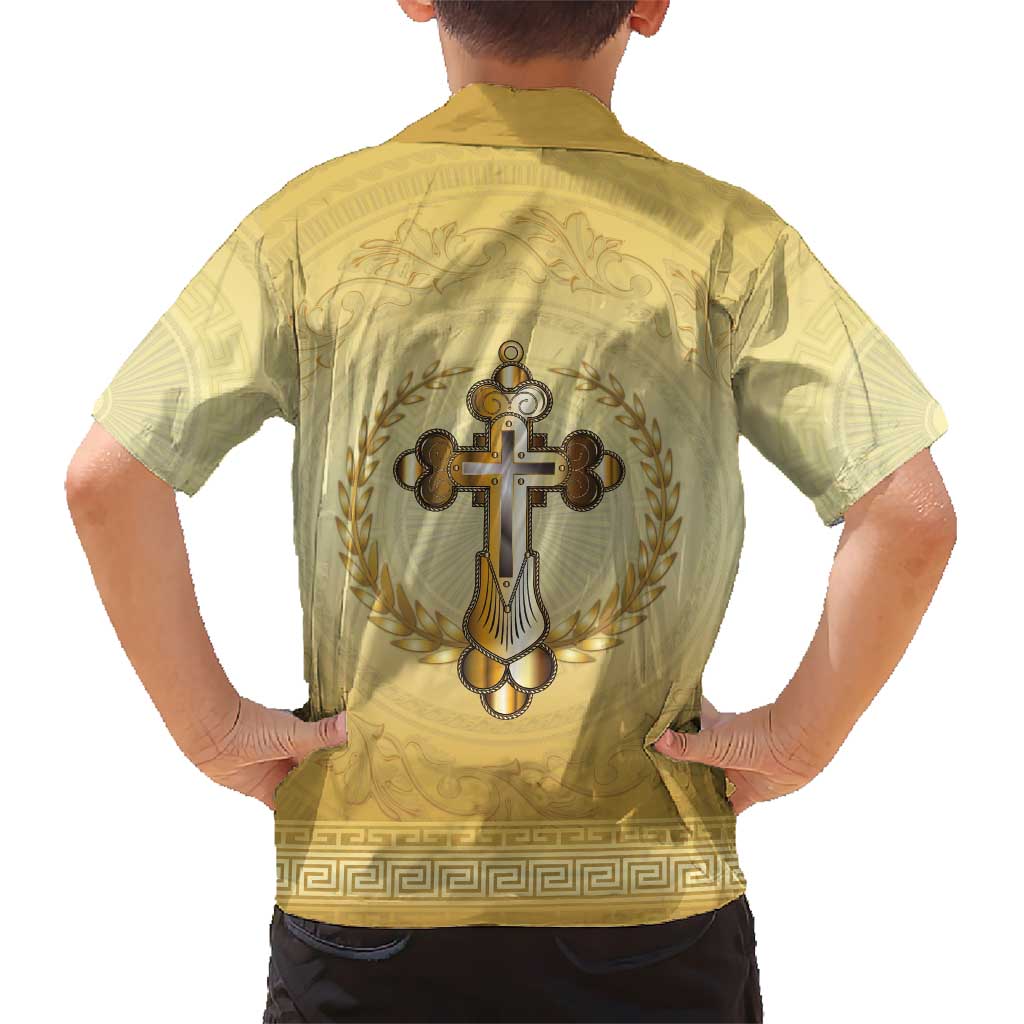Greece Orthodox Cross Family Matching Short Sleeve Bodycon Dress and Hawaiian Shirt Ancient Greek Key Gold Heritage