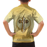 Greece Orthodox Cross Family Matching Short Sleeve Bodycon Dress and Hawaiian Shirt Ancient Greek Key Gold Heritage