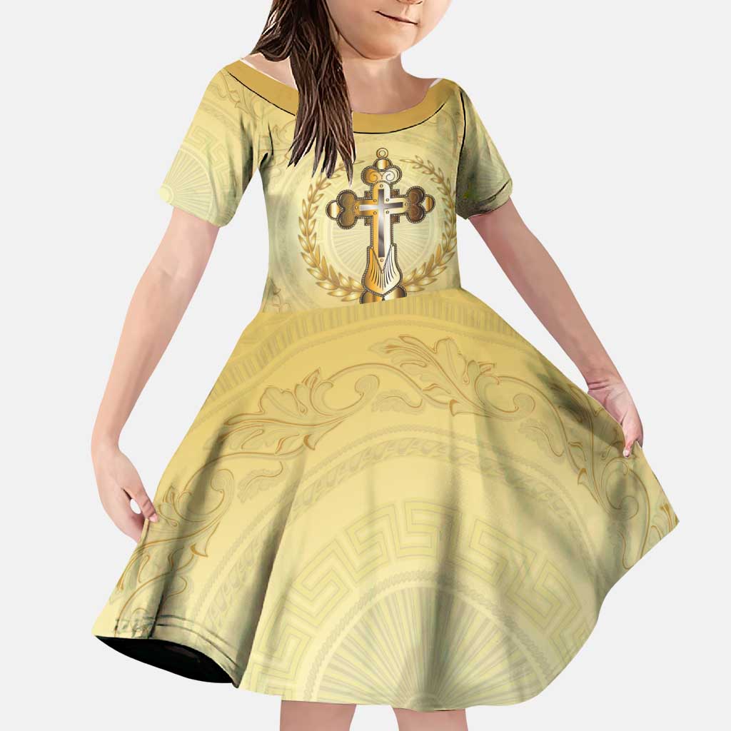 Greece Orthodox Cross Family Matching Short Sleeve Bodycon Dress and Hawaiian Shirt Ancient Greek Key Gold Heritage