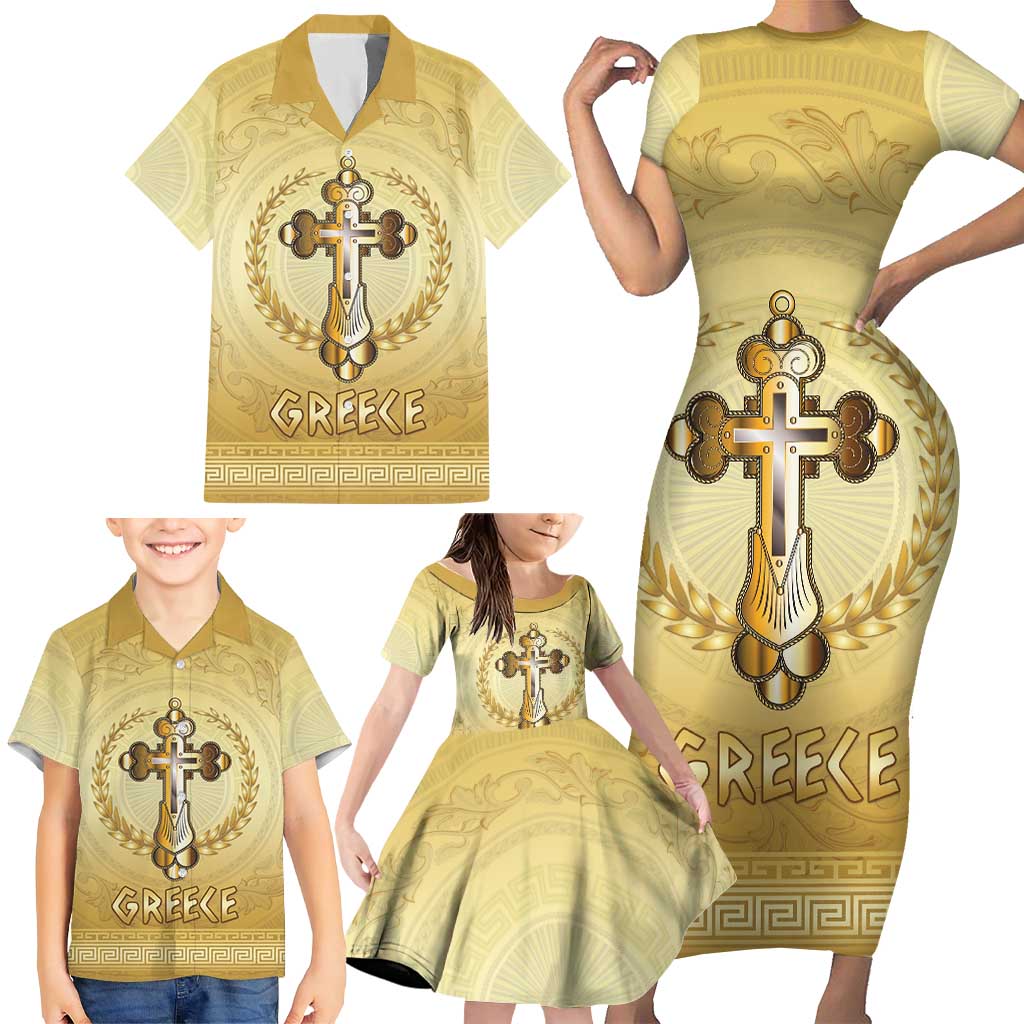 Greece Orthodox Cross Family Matching Short Sleeve Bodycon Dress and Hawaiian Shirt Ancient Greek Key Gold Heritage