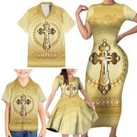 Greece Orthodox Cross Family Matching Short Sleeve Bodycon Dress and Hawaiian Shirt Ancient Greek Key Gold Heritage
