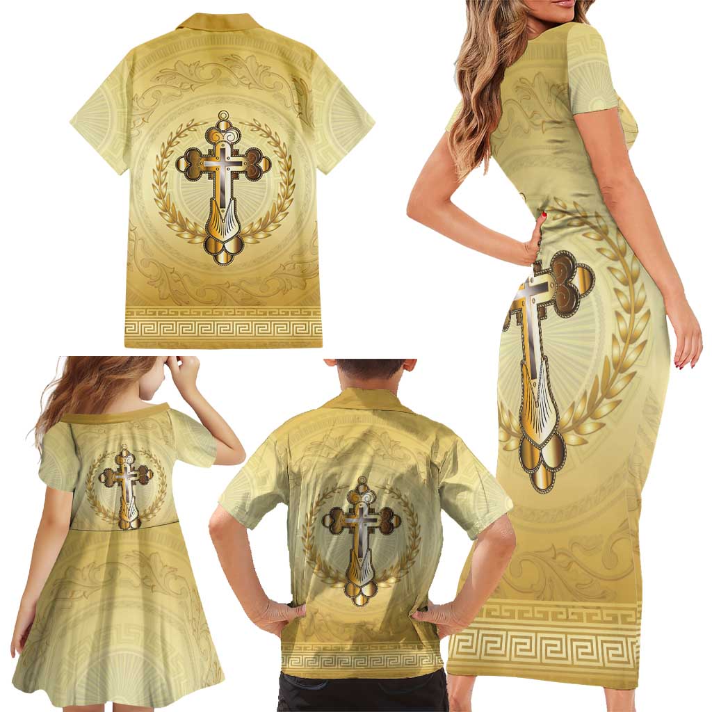 Greece Orthodox Cross Family Matching Short Sleeve Bodycon Dress and Hawaiian Shirt Ancient Greek Key Gold Heritage