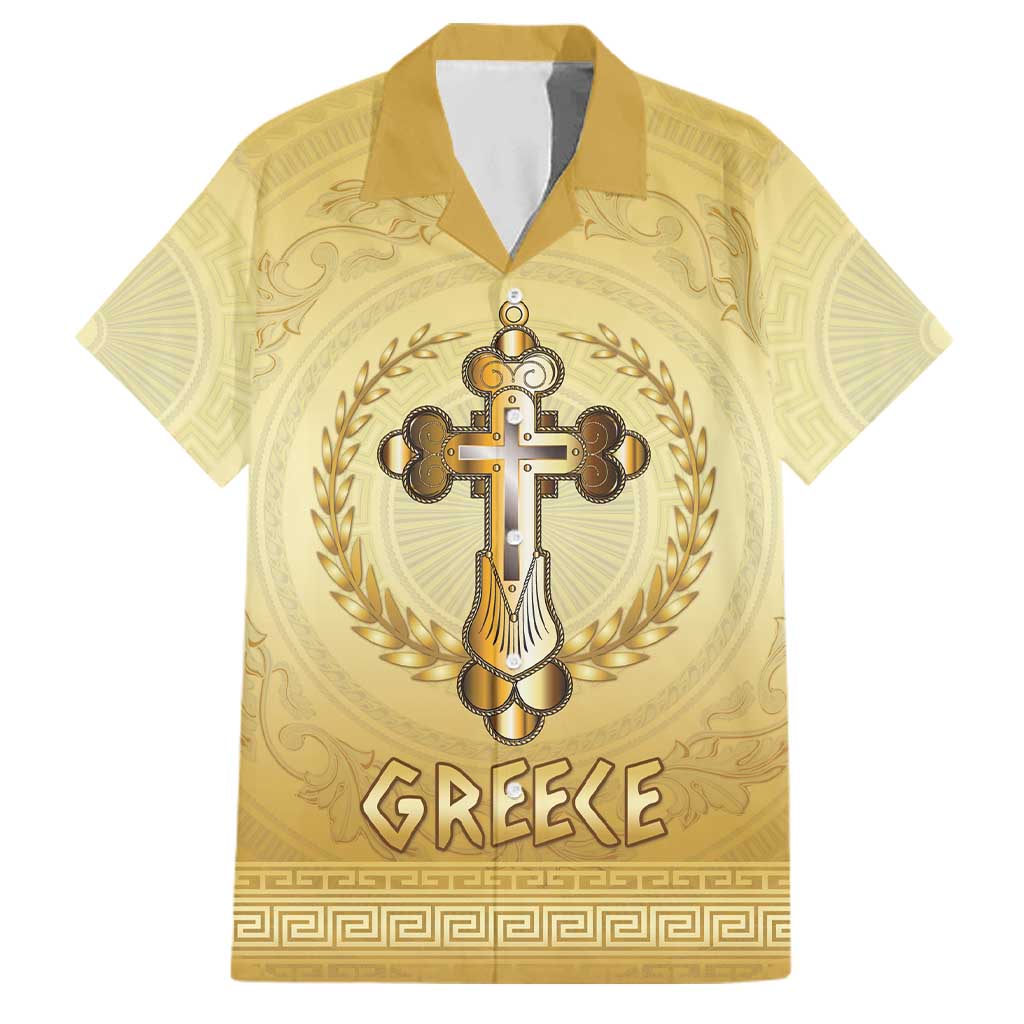 Greece Orthodox Cross Family Matching Short Sleeve Bodycon Dress and Hawaiian Shirt Ancient Greek Key Gold Heritage