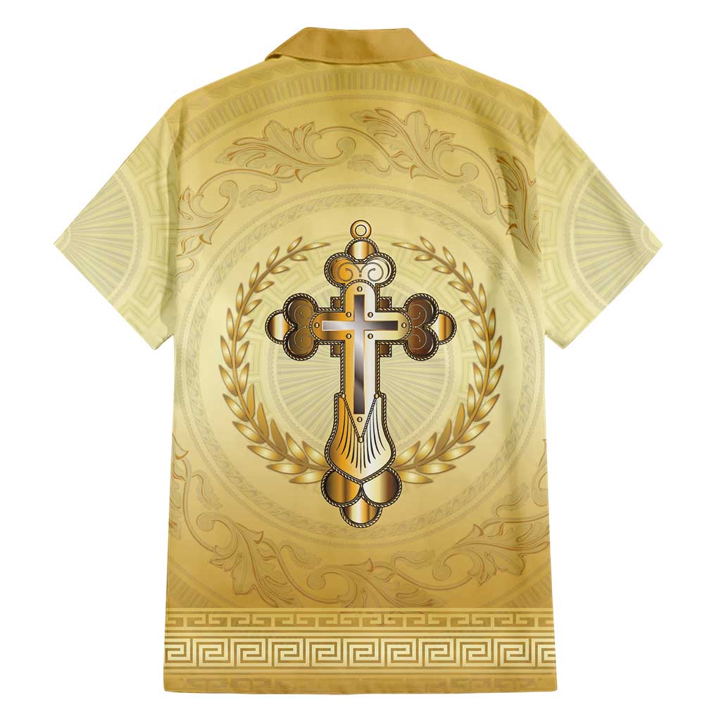 Greece Orthodox Cross Family Matching Short Sleeve Bodycon Dress and Hawaiian Shirt Ancient Greek Key Gold Heritage