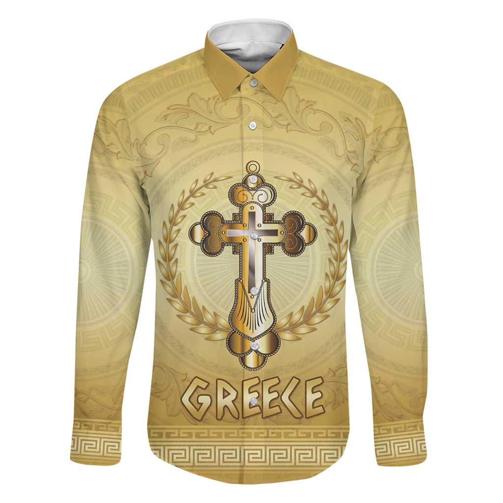 Greece Orthodox Cross Family Matching Short Sleeve Bodycon Dress and Hawaiian Shirt Ancient Greek Key Gold Heritage