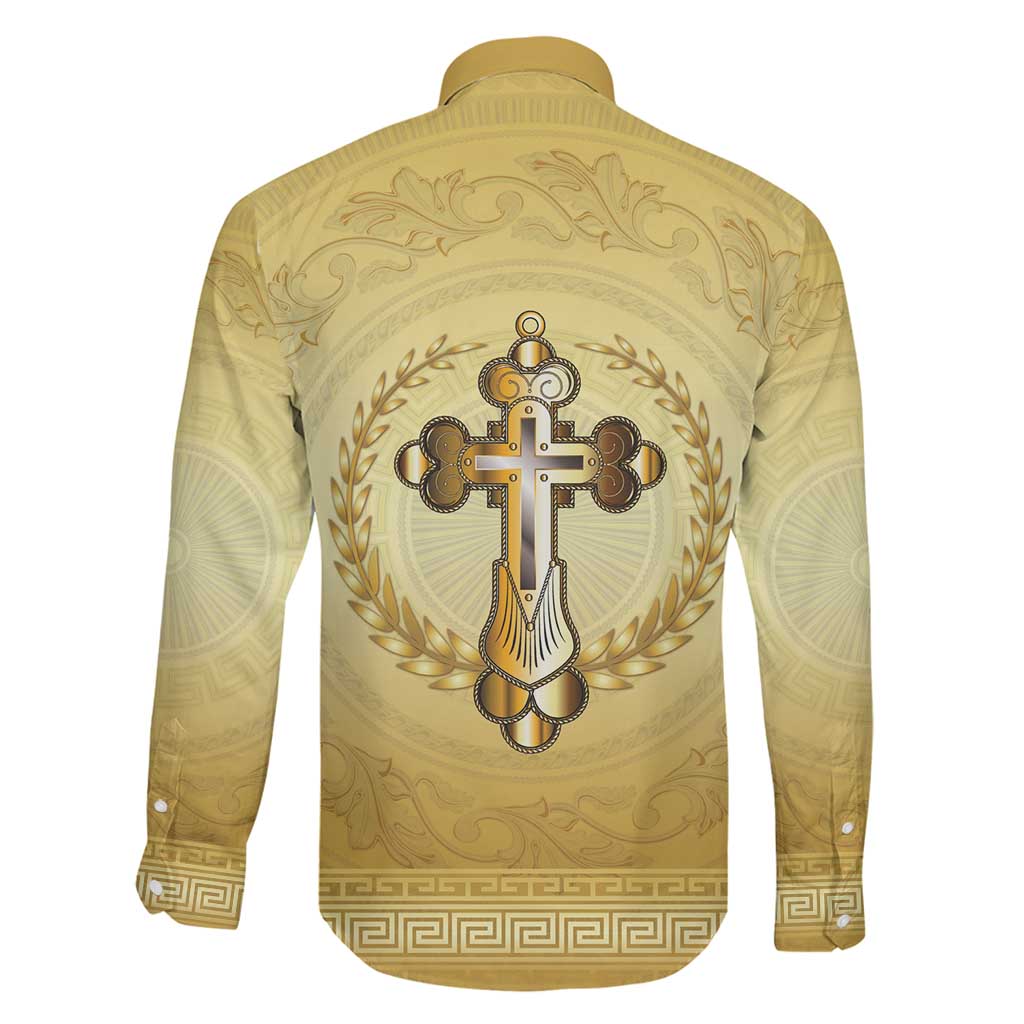 Greece Orthodox Cross Family Matching Short Sleeve Bodycon Dress and Hawaiian Shirt Ancient Greek Key Gold Heritage