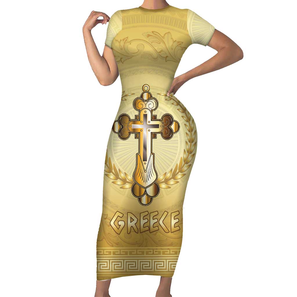 Greece Orthodox Cross Family Matching Short Sleeve Bodycon Dress and Hawaiian Shirt Ancient Greek Key Gold Heritage