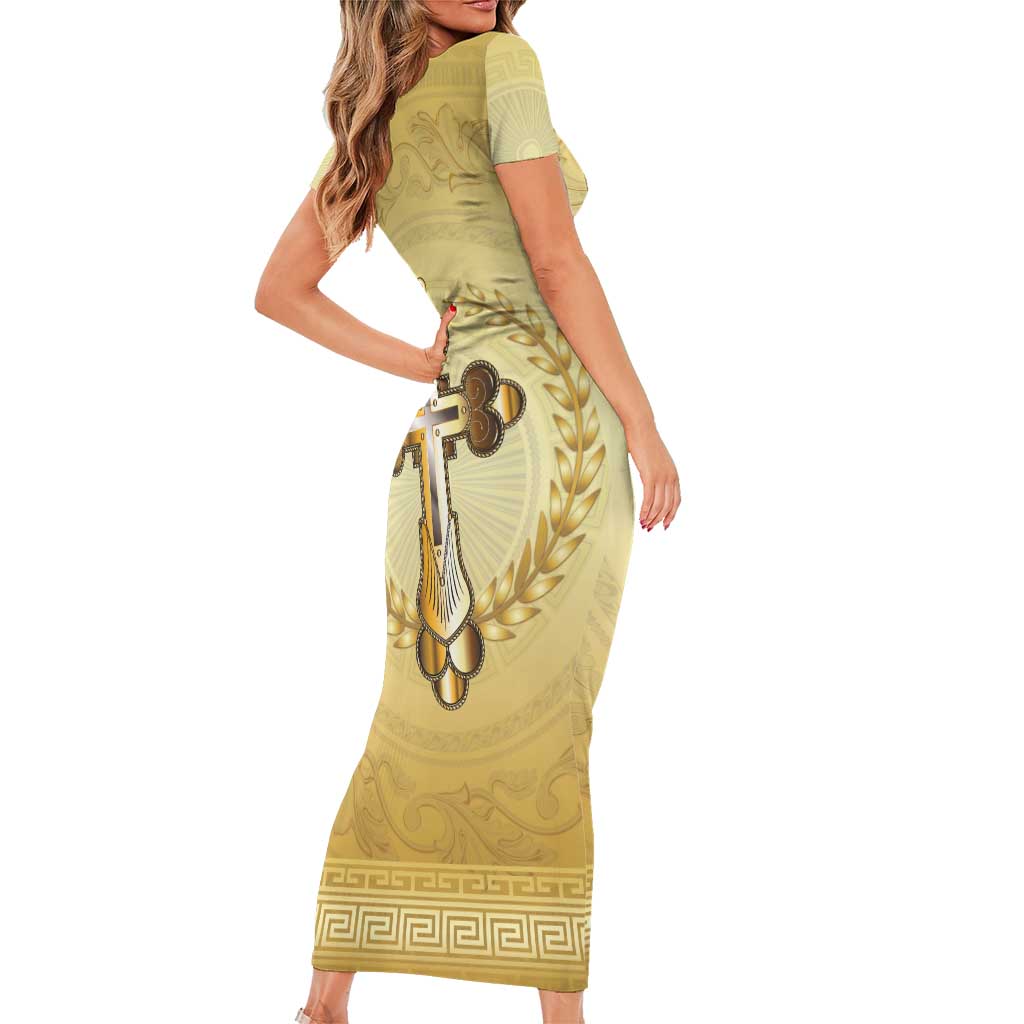 Greece Orthodox Cross Family Matching Short Sleeve Bodycon Dress and Hawaiian Shirt Ancient Greek Key Gold Heritage