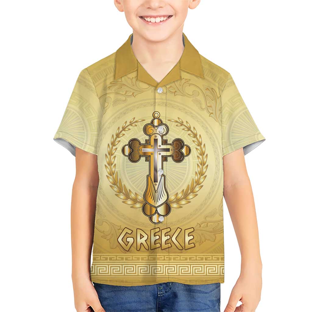 Greece Orthodox Cross Family Matching Short Sleeve Bodycon Dress and Hawaiian Shirt Ancient Greek Key Gold Heritage
