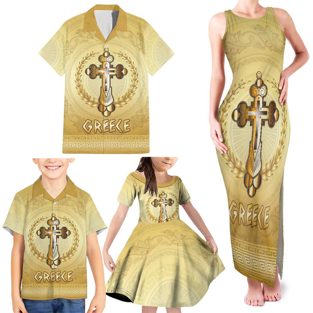 Greece Orthodox Cross Family Matching Tank Maxi Dress and Hawaiian Shirt Ancient Greek Key Gold Heritage