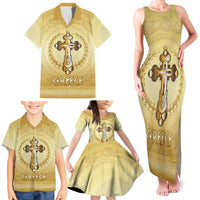 Greece Orthodox Cross Family Matching Tank Maxi Dress and Hawaiian Shirt Ancient Greek Key Gold Heritage