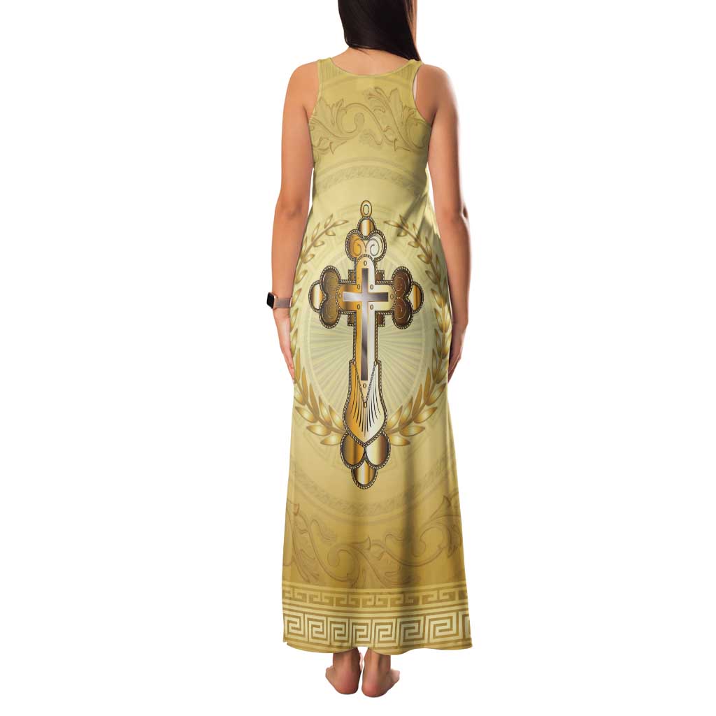 Greece Orthodox Cross Family Matching Tank Maxi Dress and Hawaiian Shirt Ancient Greek Key Gold Heritage