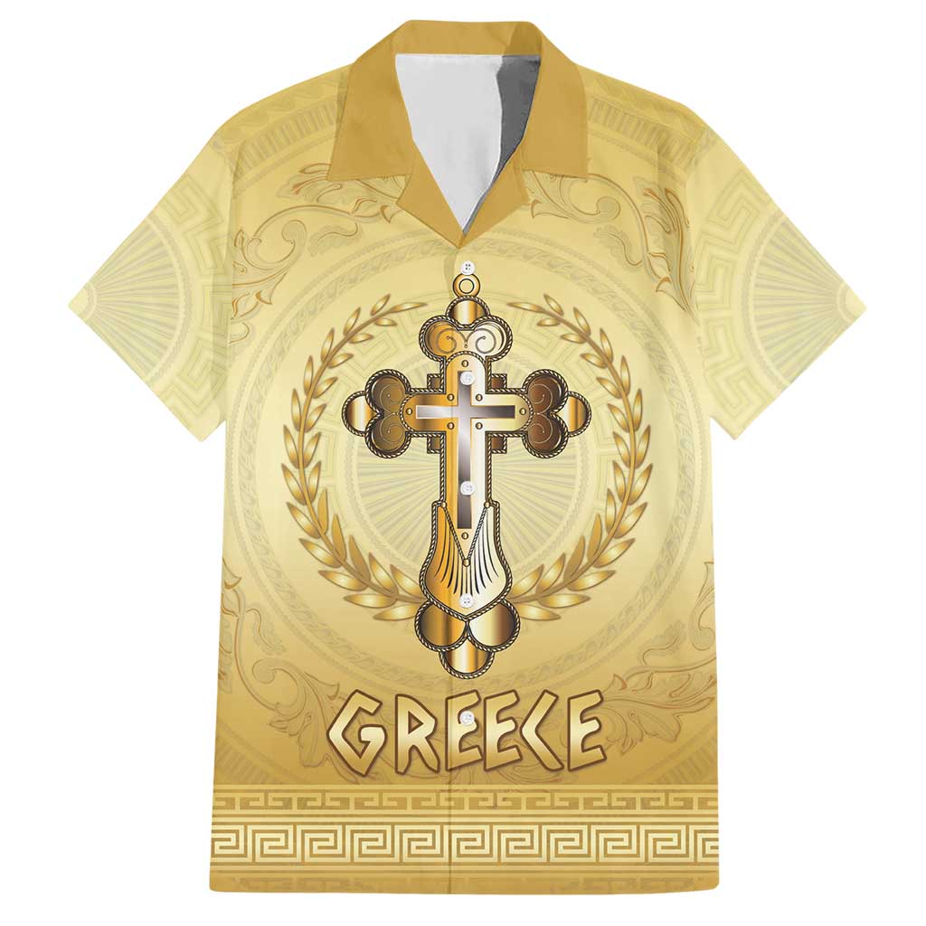 Greece Orthodox Cross Hawaiian Shirt Ancient Greek Key Gold Heritage